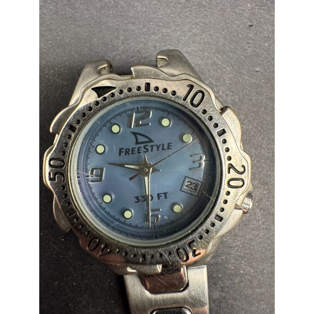 Freestyle Date Watch Blue Mother of Pearl Face Stainless Steel WR 330 Ft 26mm